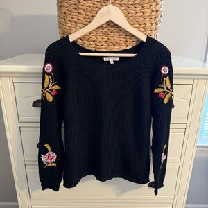 Woven Heart Black Sweater with Floral Embroidery
